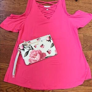 Umgee Vibrant Pink Cold Shoulder Cut Out With Crisscross Neckline Size M Blouse